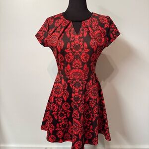 VINTAGE Red and Black Floral Fit-and-Flare Dress